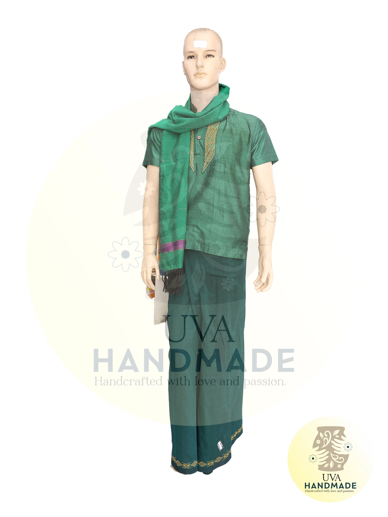 Emerald Green Handloom Set with Gold Embroidery