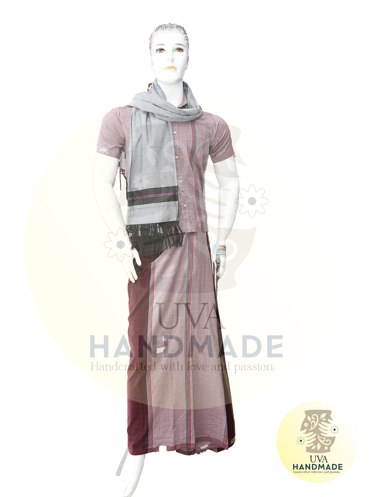 Grey-Maroon Striped Handloom Set with Scarf