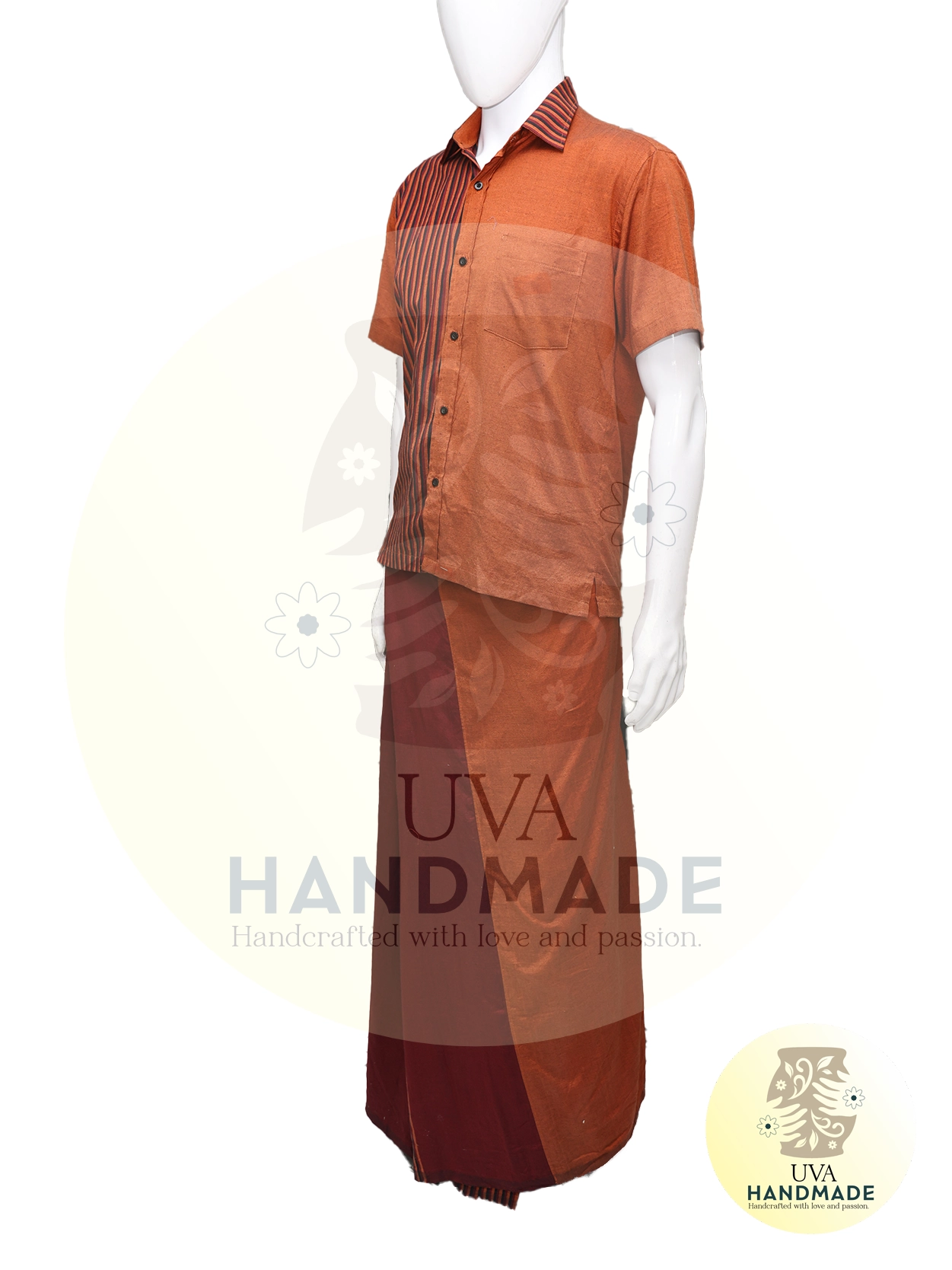 Rust Orange Striped Handloom Shirt and Sarong Set